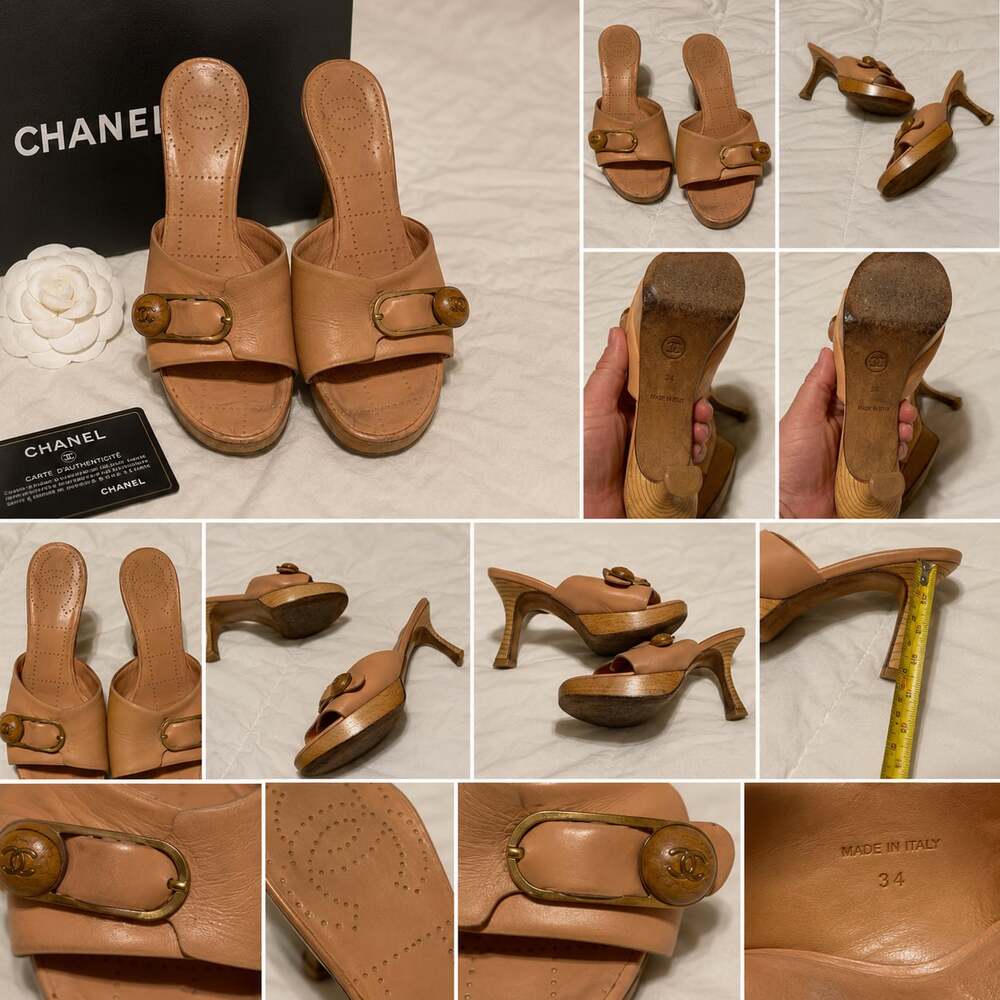 Chanel Vintage Tan Leather Wooden Platform Mules with CC Buckle Heels Size 34